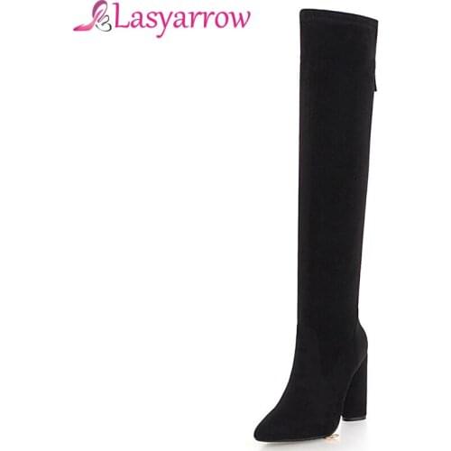 Lasyarrow Chunky High Heels Womens SHoes Autumn Winter Thigh High Long Boots Zipper Botas Feminina Thick Heel Pointed Shoe F424