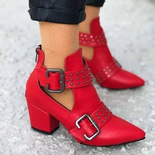 Womens boots Vintage Hollow ankle boots Pointed Toe rubber boots Square heel gothic shoes punk red boots 889