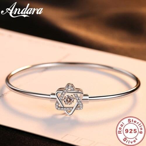 Solid Silver 925 Sterling Silver Bangle AAA Zircon Crystal Hexagon Star Bangle Woman Charm Jewelry