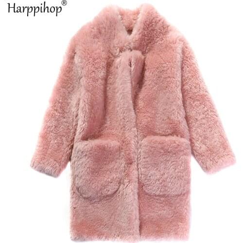 Real Wool fur coat jacket overcoat womens winter warm genuine fur coat PU leather inside cream color