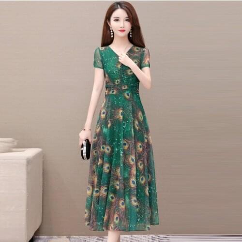 Peacock printed Boho Style Floral Print Pleated Dress Long Sleeve Women Green Dress O Neck Loose Ladies Dresses Beach Sundress