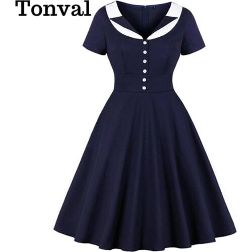 Tonval Navy Blue Contrast Collar Button Rockabilly Robe Swing Dress Women High Waist Elegant Ladies Dresses Vintage Clothes