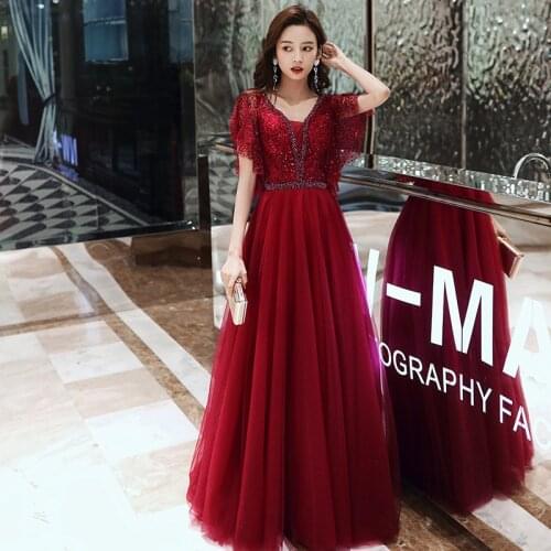 Elegant Evening Dress Long 2021 Short Sleeve Formal Party Gowns for Women with Sequins A Line Prom