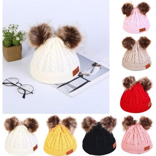 Winter MenS And WomenS Knitted Pullover Caps Keep Warm Solid Color with Double Hair Ball Ear Warm Hat Windproof Outdoor Hiking