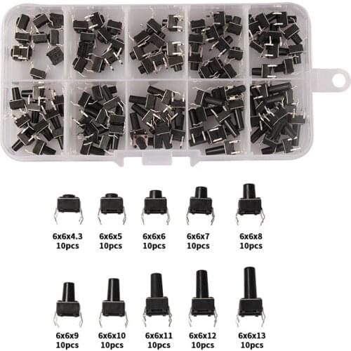 100pcs/set 10 Models 6*6 Tact Switch Black Push Button Switch Kit Micro Switches with Box High Quality