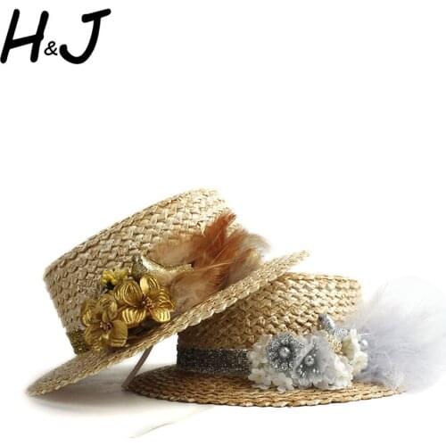 2 Style 100% Wheat Straw Women Flat Sun Panama Hat Summer Beach Hat Lady Wide Brim Boater Beach Sunhat Jazz Hat Size 56-58CM