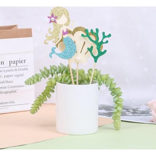 6pcs/set Cute Mermaid Decorations Laser Blue Fishtail Cake Topper For Childrens Day Party Supplies Birthday Dessert