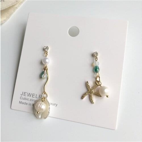 Han Edition Asymmetric Earrings Women RUANME Long A Pair Of Earrings Small Starfish Shell earrings Jewelry Accessories