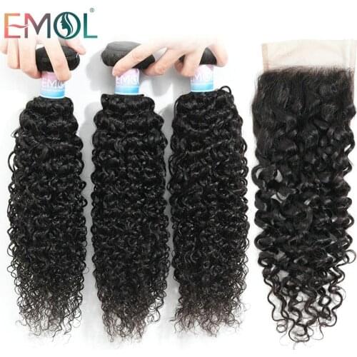 Emol Indian Kinky Curly Bundles With Closure 4*4 Hair Bundles With Closure Non-Remy Human Hair Bundles