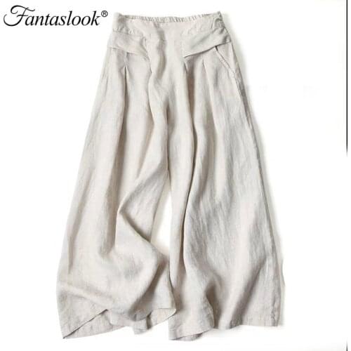 Women Pants Summer Solid Casual Wide Leg Pants Oversized Elastic Waist Long Pants High Waist Loose Cotton Linen Pants