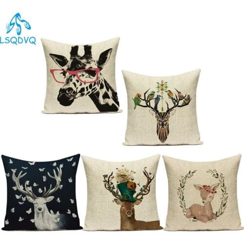 Decorative Throw Pillows Lovely Animals Deer Giraffe Polyester Pillow Cushion Cover Sofa Cushion Cover for Living Room Decor