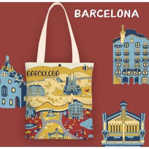 Canvas Bag Creative Hand-Painted Barcelona illustration Shopping Bag Ladies Hand Bag New 2021 Shoulder Bag Women Bolsa Feminina