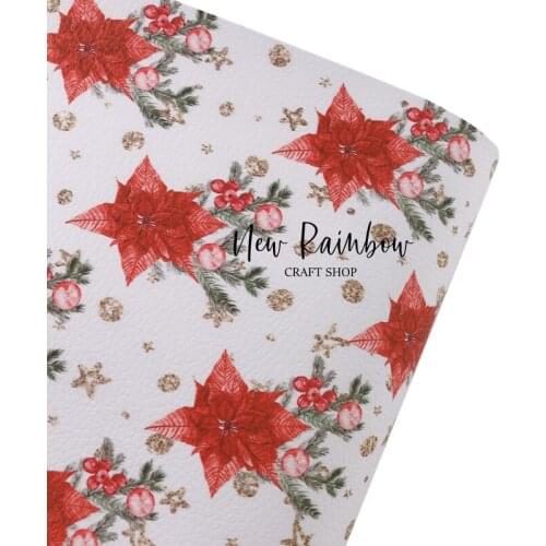 New Rainbow 30x138cm/roll Christmas Red Florals Litchi Faux leatherette for bows, earrings, DIY handmade crafts