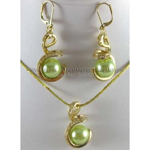 Wholesale>>12mm Apple Green South sea Shell Pearl Earrings & Necklace Pendant Set AAA
