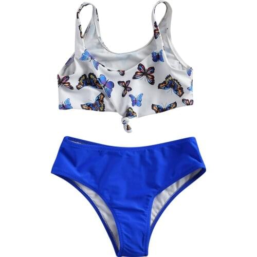 Girl’s Lovely 2Pcs Bikini Suit, Butterfly Printed Tank Tops with Solid Color Briefs Princess Swimsuit for Vacation/Seaside 6-13Y
