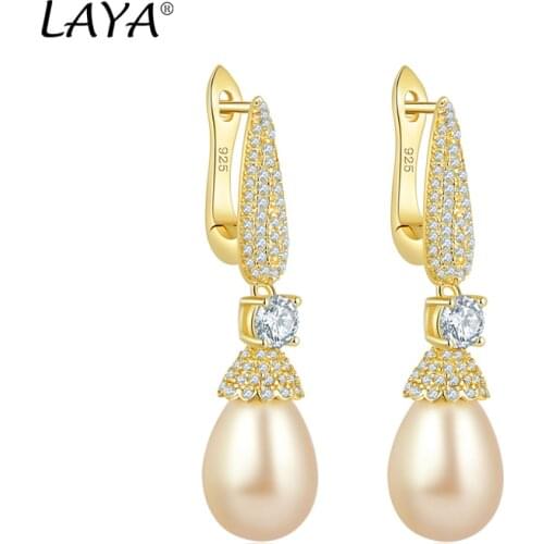 LAYA Real 925 Sterling Silver High Quality Zircon Shell Pearl Long Swing Earrings Jewelry 10-14MM Pearl Black/champagne Colors