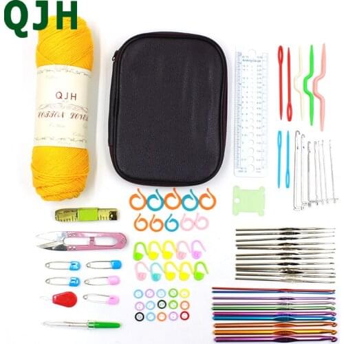 QJH Crochet Hook Set 84pcs/set With Yarn Knitting Needles Sewing Tools Full Set Knit Gauge Scissors Stitch Holders Craft Tools