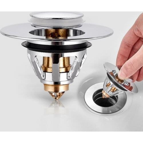 Stainless Steel Bounce Core Push-type Drain Filter Bathroom Wash Basin Hair Catcher Sink Drain Bathtub Plug for Home Improvement