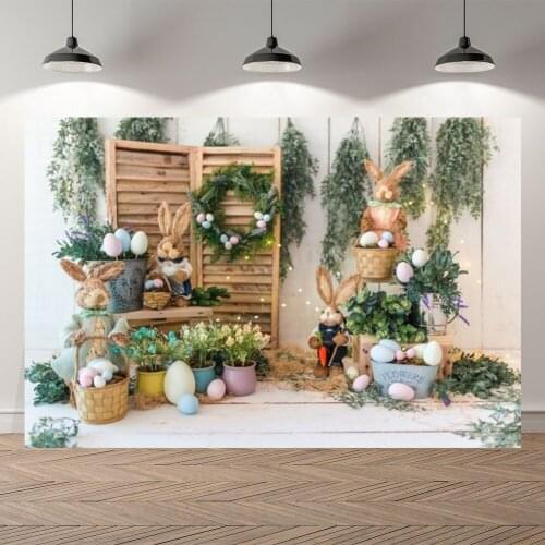 Easter Backdrop for Photography Spring Bunny Meadow Eggs Bucket Flowers Baby Kids Photo Background Decorations for Photo Studio