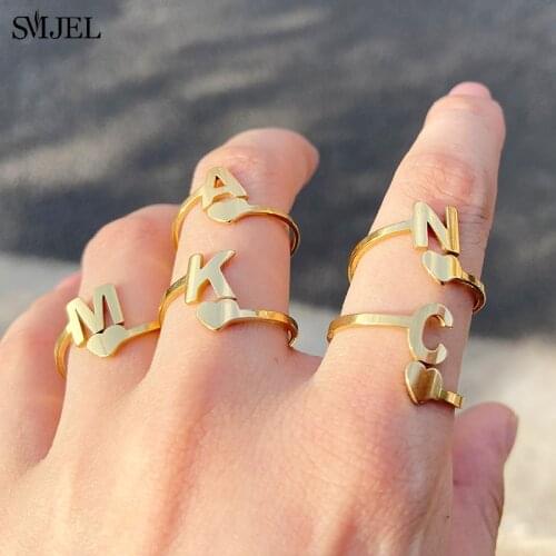 Personlaize Tiny Heart A-Z 26 Letters Initial Ring New Fashion Opening Cuff Ring For Women Charm Jewelry Gift bague homme