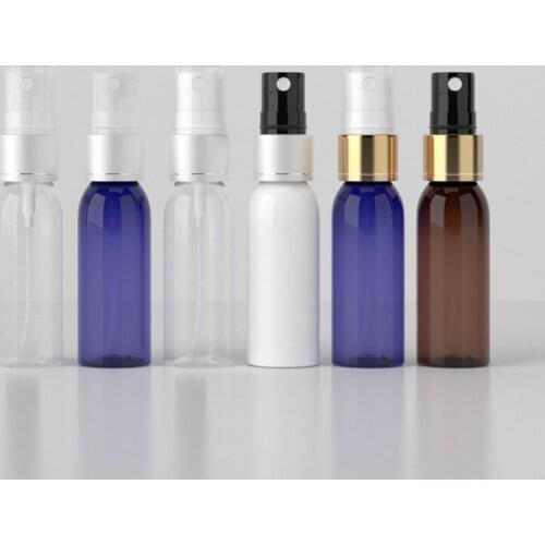30ML X 50 Empty White Blue Brown Round Fine Sprayer Pump Bottles 30CC PET Cosmetics Container Silver Aluminum Mists Spray Pump