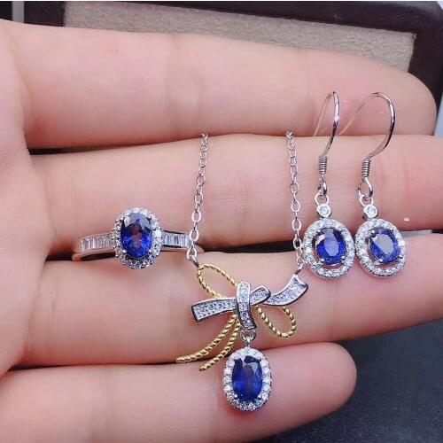 Natural blue sapphire gem S925 silver ring Pendant earrings natural gemstone Jewelry Set fashion Bow girl party gift jewelry