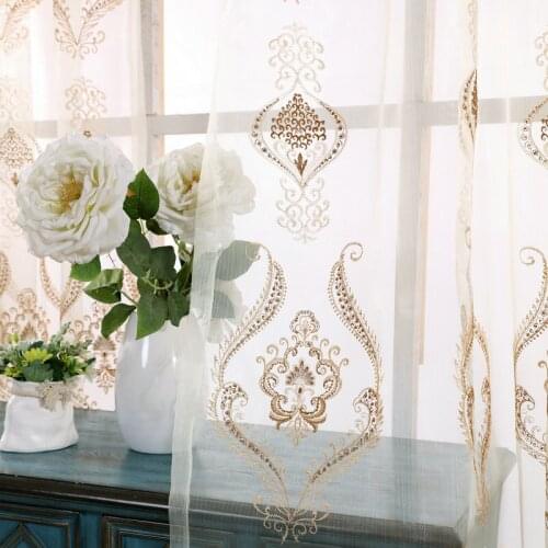 European Embroidered Sheer Curtains for Living Room Bedroom Beige Flower Tulle for Windows Voile Drapes Custom Home Decor