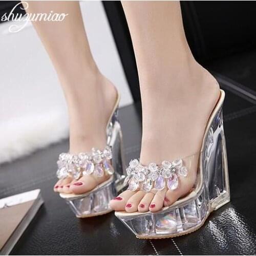 Women Shoes Diamond High-heeled 14cm Sandals Slippers Crystal Slide Waterproof Non Slip Bottom Thick Summer Female Sexy Sandals