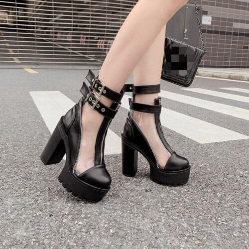 YMECHIC 2019 Autumn Fashion Clear Transparent Gothic Punk Platform Womens Ankle Boots Buckle Strap Zipper High Heel Goth Shoes