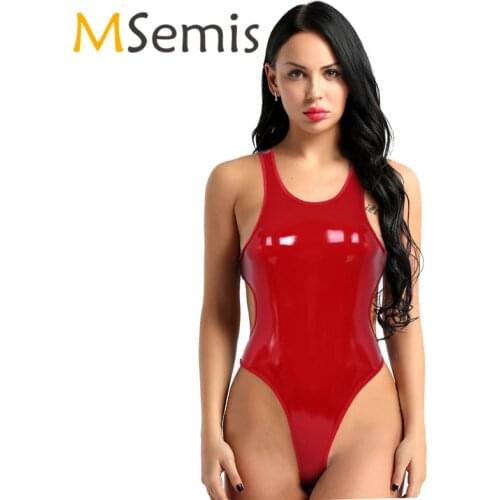 Womens Latex Thong Swimsuit Lingerie Shiny Thong Bodysuit Wetlook Leather Backless Swimwear High Cut Thong Leotard Bodysuit