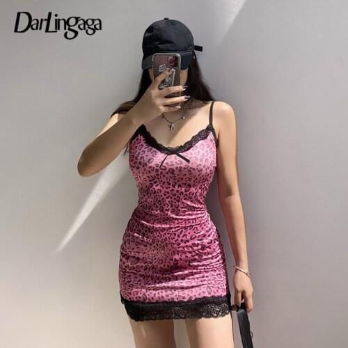 Darlingaga Strap Lace Patchwork Gothic Sexy Dress Female Bow Leopard Print Bodycon Summer Dress Harajuku Sundress Party Dresses
