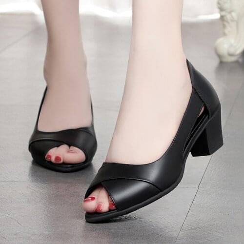 2020 Summer Women Dress Shoes Peep Toe Office Work Shoes Medium Heels Pumps Open Toe Woman Sandals Black zapatos mujer 8127L
