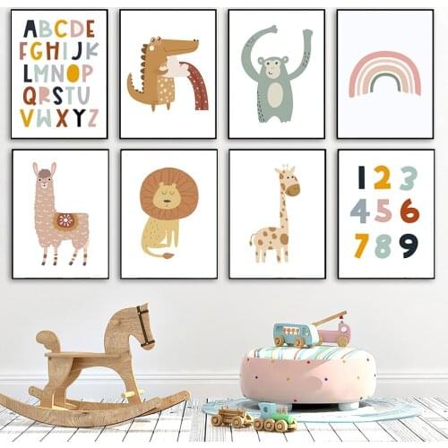 Alpaca Giraffes Lions Nursery Wall Art Canvas Painting Nordic Posters Numbers Alphabet Prints Wall Pictures Kids Baby Room Decor