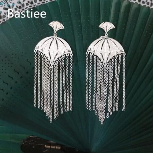 Bastiee 999 Sterling Silver Drop Earrings For Women Big Fan Vintage Hyperbole Earing Hmong Handmade Luxury Jewelry Long Tassels