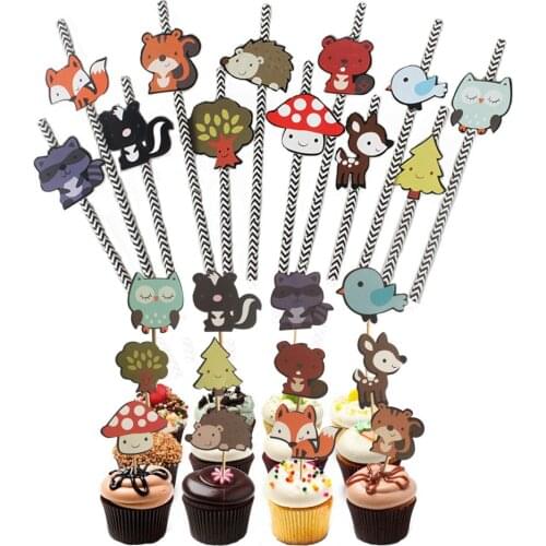 Woodland Animals Party Paper Straw Animal Friends Cupcake Toppers for Baby Shower Party Cake Drink Decorations Kids Favors Gift