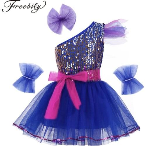 Kids Girls Sequins Jazz Dancewear Costume Sparkly Mesh Ballet Dress with Hairclip Wristband Belt for Modern Contemporary Dance