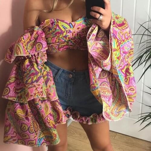 Fandy Lokar Printed Tshirts Women Fashion Butterfly Sleeve Strapless Tops Women Elegant High Waisted Tees Female Ladies