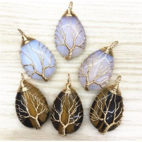 Hot Natural Stone Crystal Roses Quartz Tree of Life golden Pendants Wire Wrapped Trendy Jewelry Making Wholesale Gifts for Women