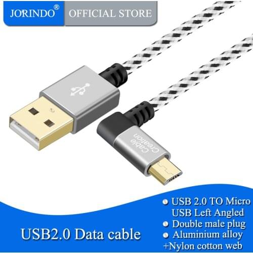 JORINDO Left Angle Micro USB 2.0 Braided Cable, 90 Degree Vertical Left USB 2.0 A Male to Micro USB Male with Aluminium Case