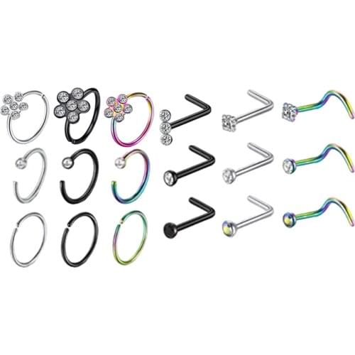 Nose Ring Screw Nose Studs Nostril Nose Piercing Jewelry Set for Silver Tone