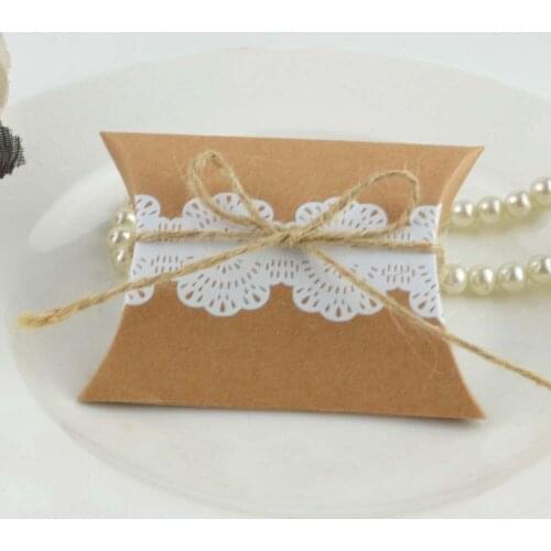 Kraft Paper Pillow/Square Candy Box Rustic Wedding Favors Candy Holder Bags Wedding Party Gift Box with Rope 50pcs/l