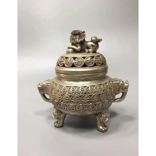 Art collection old handmade tibet silver "Double lion" Incense burner/Big home decoration metal lion censer craft