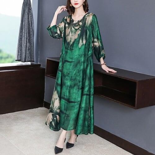ZUOMAN 2021 Loose Casual Print Mulberry Silk Maxi Dress Spring Summer Vintage 4XL Plus Size Dress Elegant Women Bodycon Party Ve