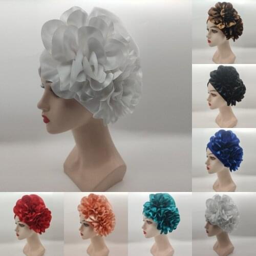 Fashion Dubai Lady Party Weddings Headwear Caps Muslim Womens Turban Hats Pure Color Big Flowers Bonnet Africa Beanie Headdress