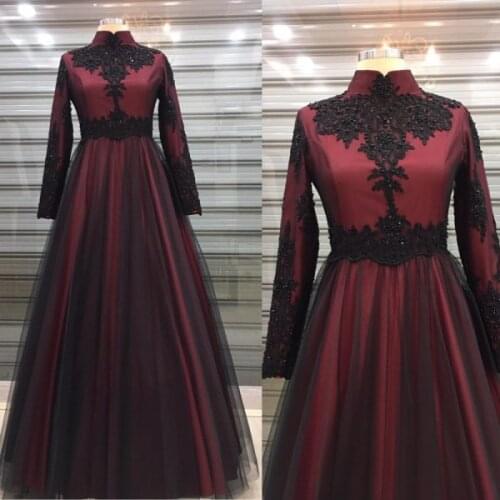 Long Sleeve Muslim Evening Dress High Neck A Line Tulle Appliques Beaded Arabic Dubai Formal Evening Party Gowns Robe De Soire
