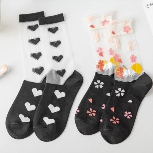 Lace Mesh Cotton Socks Summer Women Cute Heart Sokken Transparent Funny Kawaii Cartoon Cat Socks 3pairs Lot