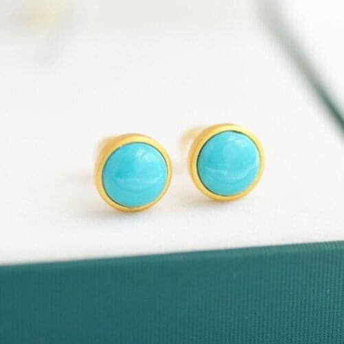 Original New Silver Inlaid Turquoise Round Earrings retro cool charm sand gold craft light luxury womens brand jewelry