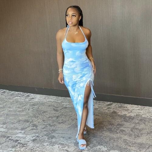 Lace Up Dress Printed Summer Sexy Women High Split Halter Clothes 2021 Drawstring Ruffles Sundresses Stretchy Skinny Midi Dress