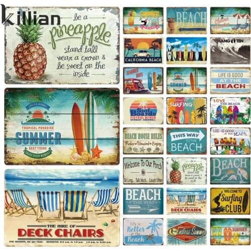 Beach Theme Metal Plate Summer Fresh Surfing Cartoon Art Painting Metal Plaque Bedroom Living Room Home Decoration Metal Poster
