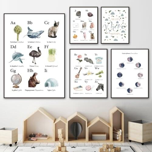 English French Language Alphabet Nordic Posters And Prints Lunnar Phases Art Canvas Painting Wall Pictures For Kids Room Decor